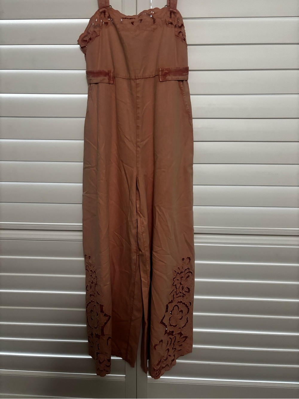 Free People Women's rose pink embroidered and cutout Wide-Leg overalls